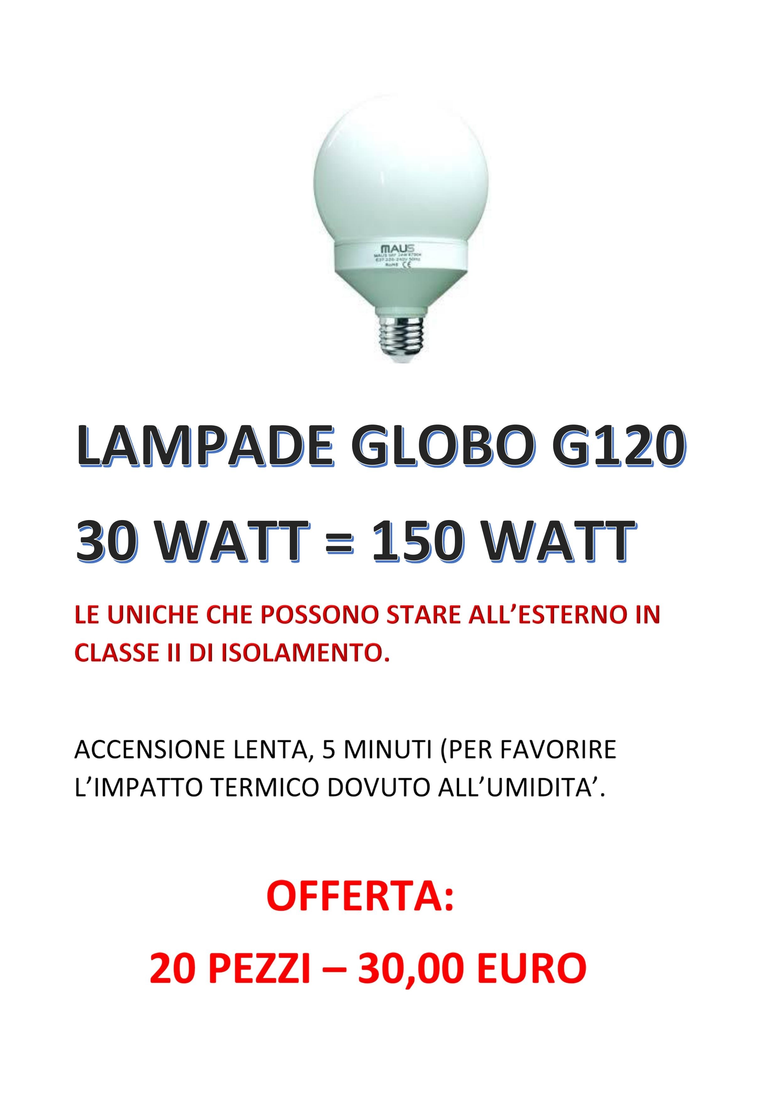 PROMO 20 LAMPADE COMPATTE FLUORESCENTI MAUS MOD. GLOBO 30W 6700K E27 CLASSE ISOLAMENTO II ACCENSIONE LENTA - 1010